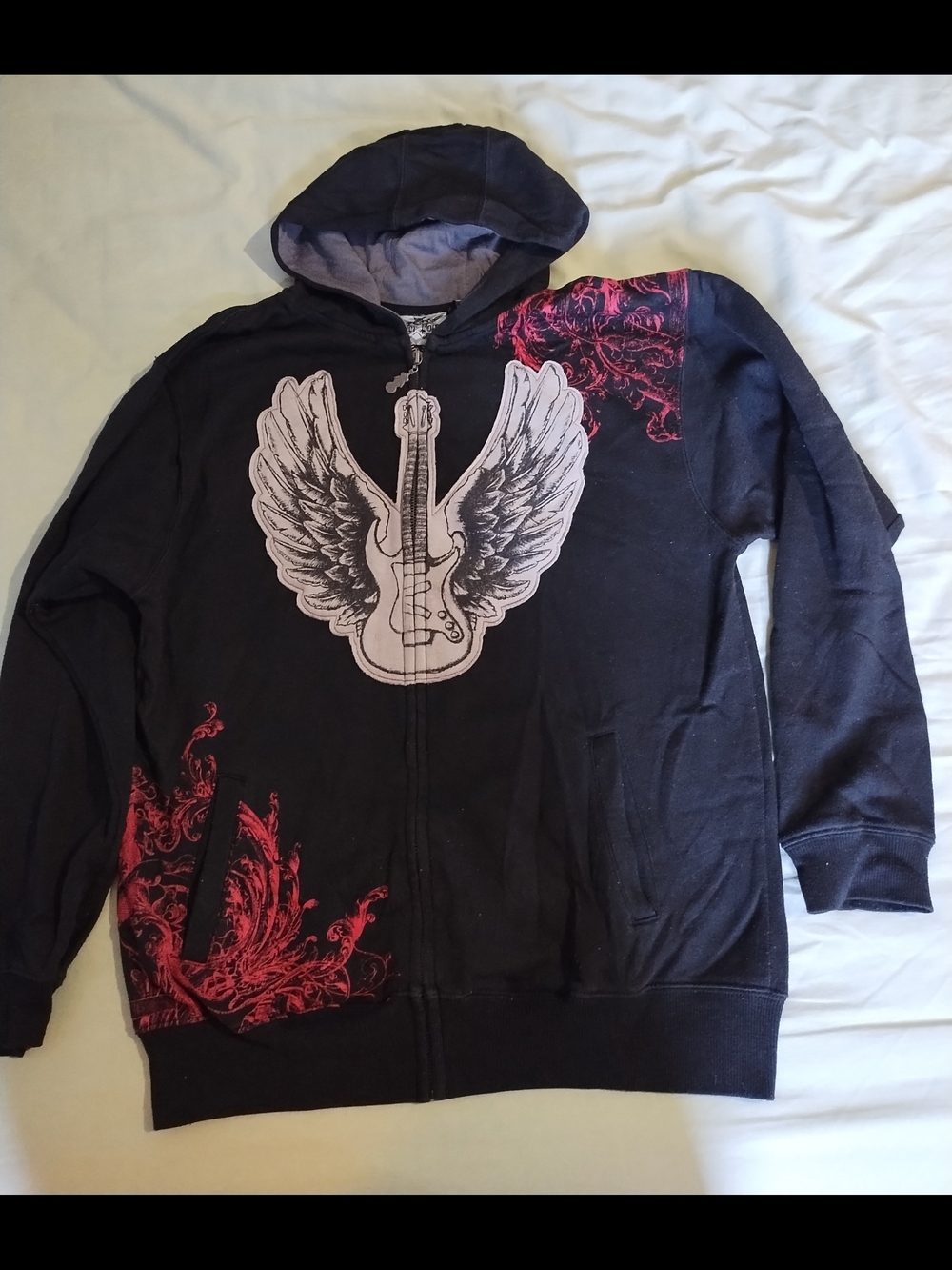 Men's Black Hoodie Jacket with Winged Guitar Graphic